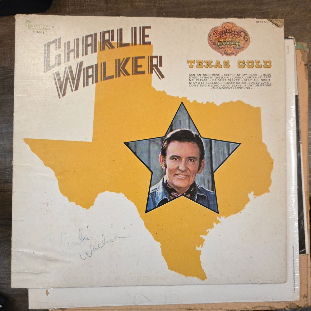 VTG Hand Signed Charlie Walker Texas Gold Green Vinyl LP Record Country USA 1979